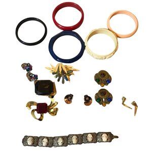 Vintage Jewelry Lot – Bangles, Brooches, Earrings & Cameo Bracelet